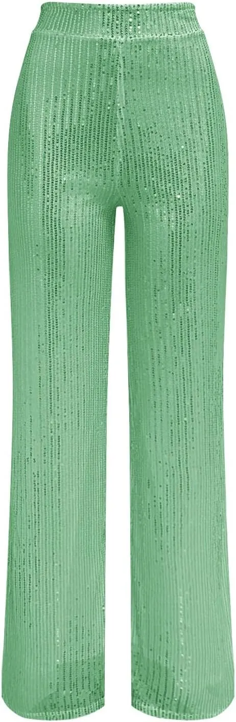 Sequin Pants for Women High Waisted Wide Leg Sparkly Pants Elastic Casual Loose Party Clubwear Bling Glitter Trousers