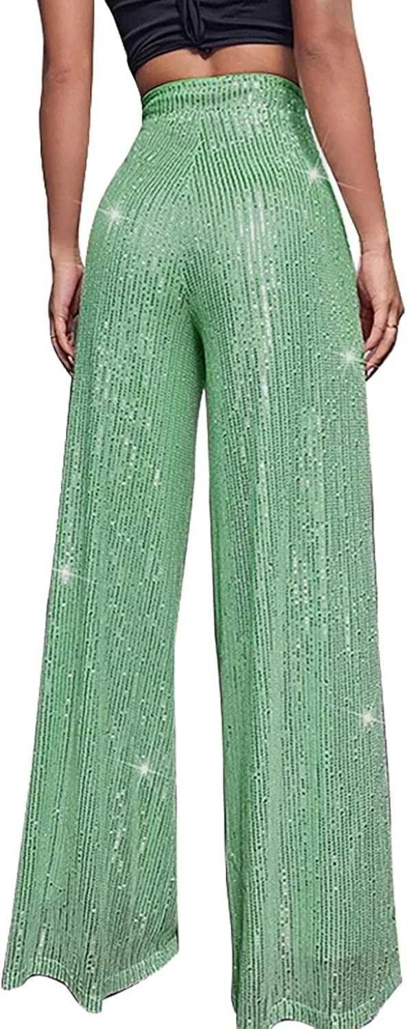 Sequin Pants for Women High Waisted Wide Leg Sparkly Pants Elastic Casual Loose Party Clubwear Bling Glitter Trousers