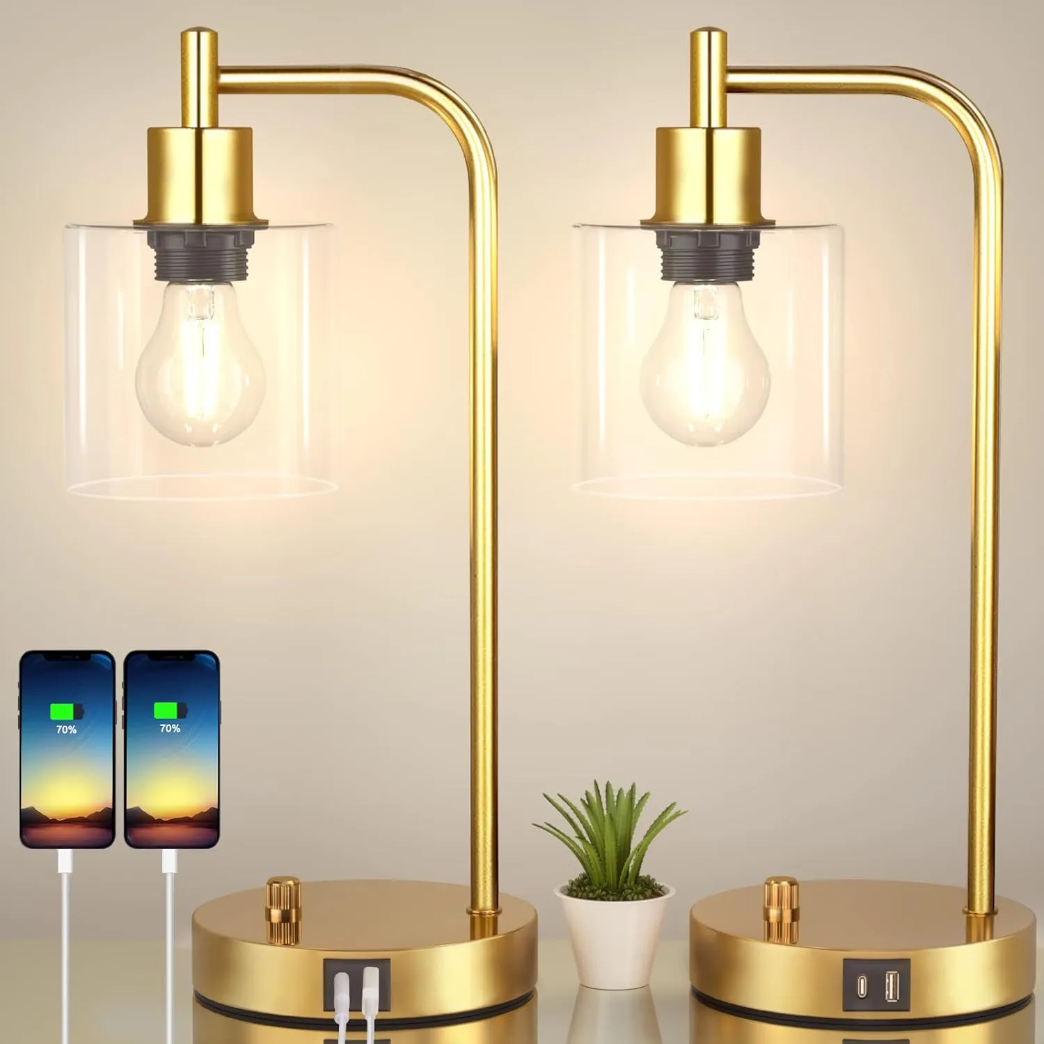 Set of 2 Gold Industrial Table Lamps with 2 USB Ports, Elizabeth Vintage Desk Lamps, 3-Way Dimmable Nightstand Lamps with Glass Shade E26 Bulb for Bedroom Living Room Office, LED Bedside Reading Lamps