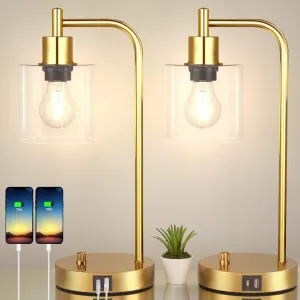 Set of 2 Gold Industrial Table Lamps with 2 USB Ports, Elizabeth Vintage Desk Lamps, 3-Way Dimmable Nightstand Lamps with Glass Shade E26 Bulb for Bedroom Living Room Office, LED Bedside Reading Lamps