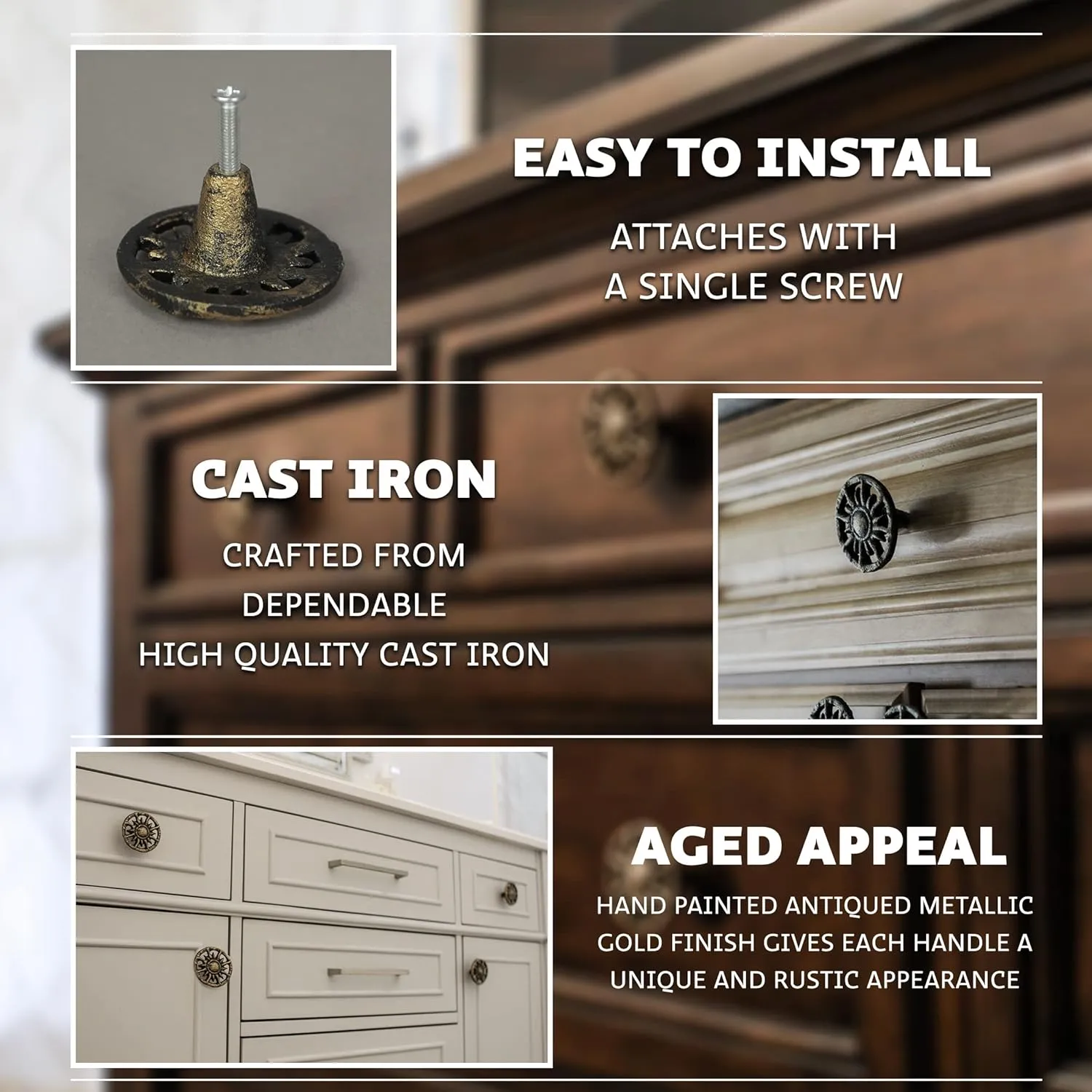 Set of 6 Antique Gold Finish Sun Cast Iron Drawer Pulls - Decorative Cabinet Knobs for Unique Home Decor - 2 Inch Diameter - Celestial Charm for Stylish Spaces