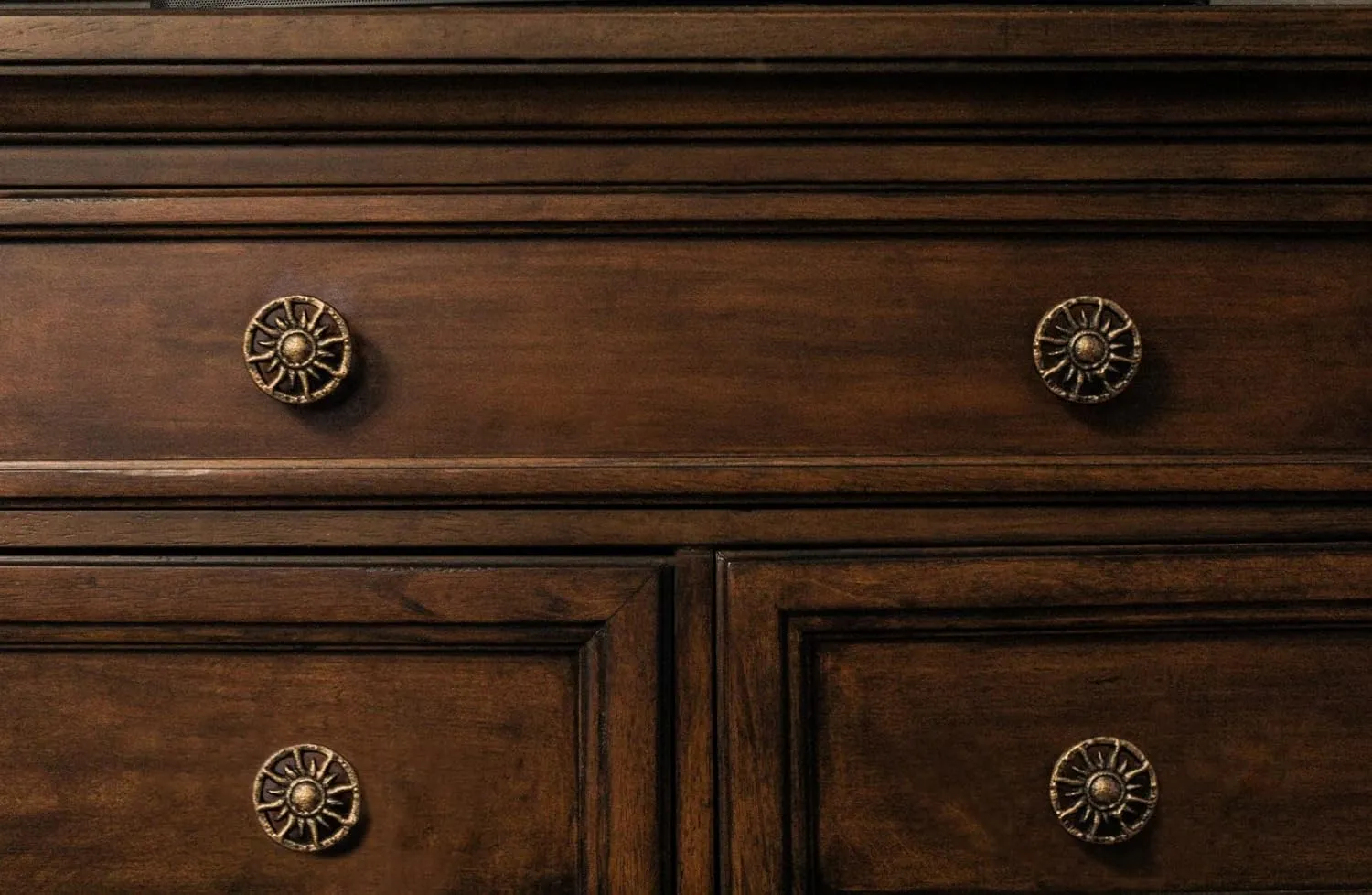 Set of 6 Antique Gold Finish Sun Cast Iron Drawer Pulls - Decorative Cabinet Knobs for Unique Home Decor - 2 Inch Diameter - Celestial Charm for Stylish Spaces