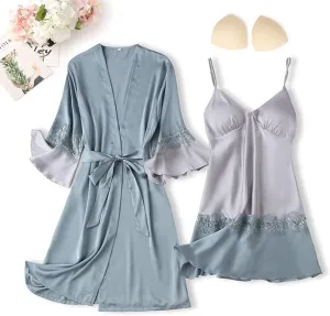 Sexy lace Home wear Lotus Leaf Sleeve Pajamas Casual Ladies Home Pajamas Satin Pajamas Pink XL