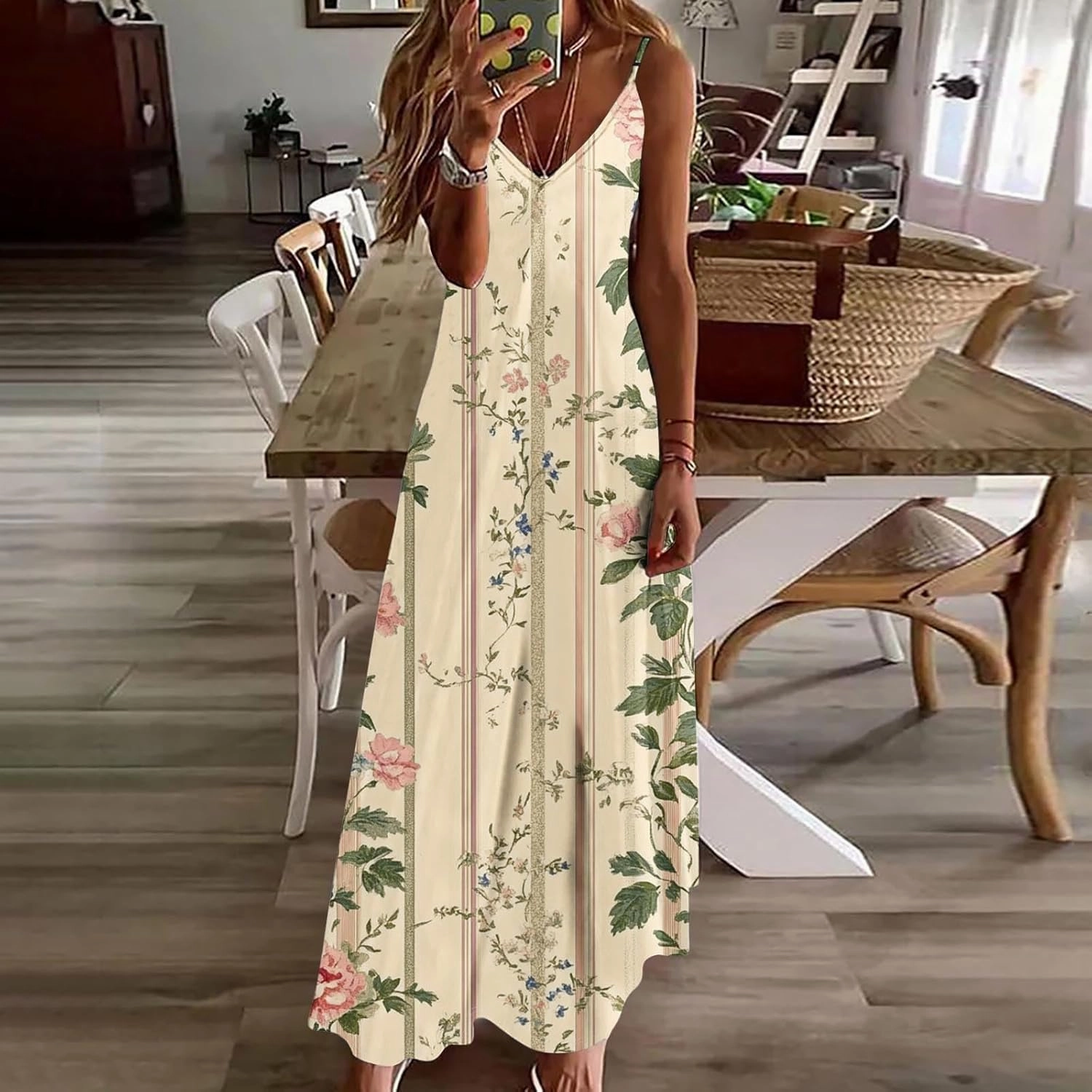 Sexy Dresses for Women V-Neck Spaghetti Strap Sleeveless Boho Sundress Summer Ruched Maxi Wedding Guest Dress