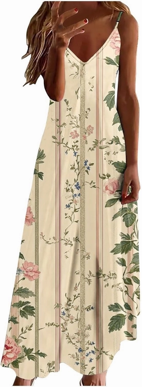 Sexy Dresses for Women V-Neck Spaghetti Strap Sleeveless Boho Sundress Summer Ruched Maxi Wedding Guest Dress