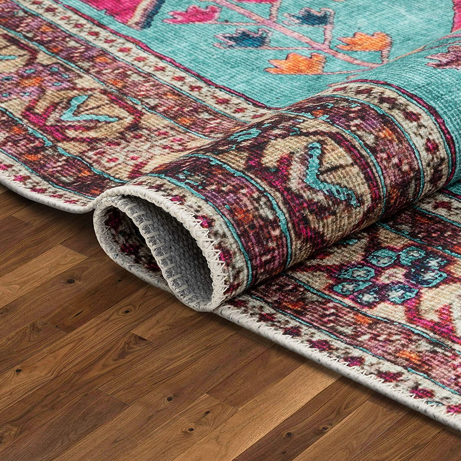 Shasta Blue Fuchsia Machine Washable Vintage Distressed Persian Area Rug