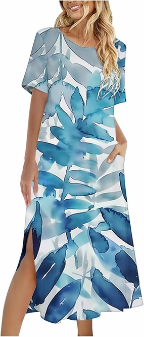 Shirt Dresses for Women Casual Crewneck Short Sleeve Sundress Loose Side Split Beach Vacation Dress with Pockets