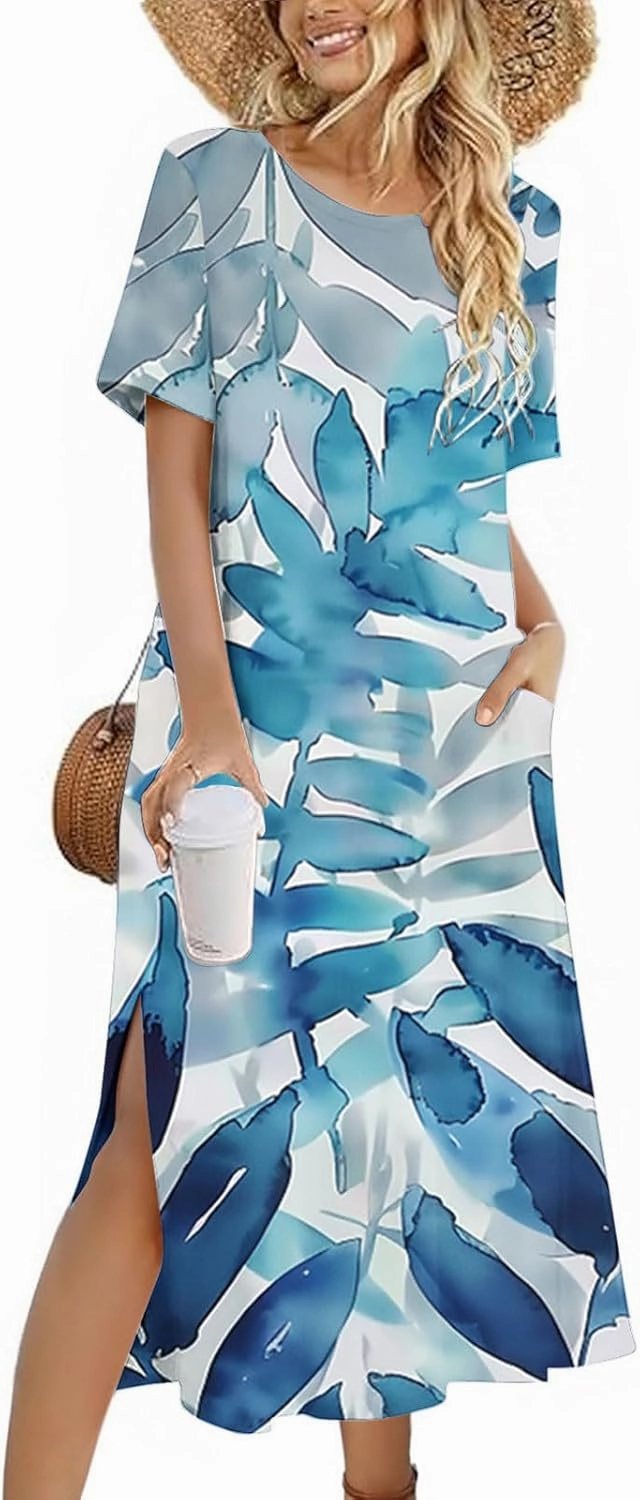 Shirt Dresses for Women Casual Crewneck Short Sleeve Sundress Loose Side Split Beach Vacation Dress with Pockets