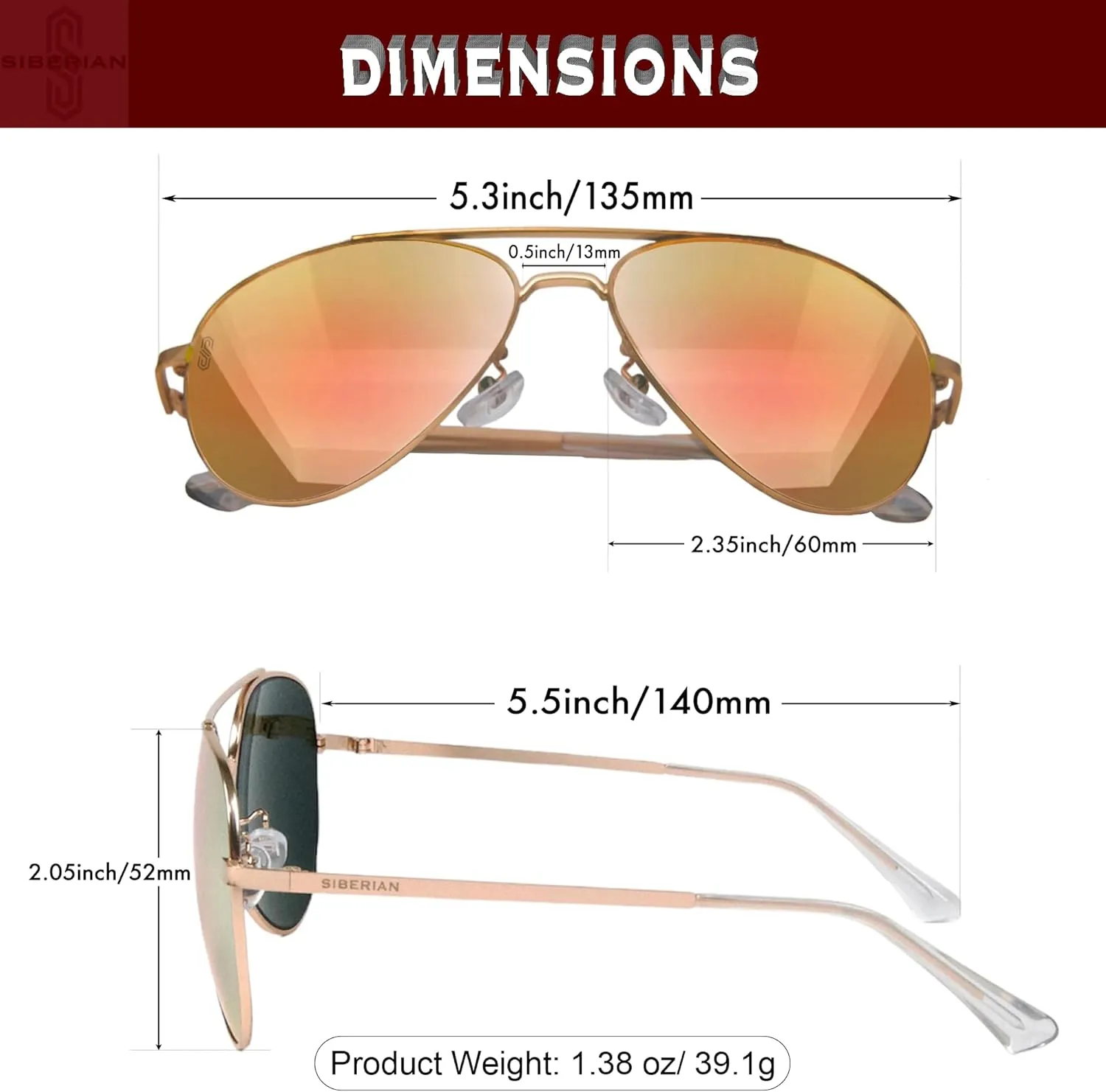 SIBERIAN 100% Real Glass Aviator 60mm USA Premium Pilot Sunglasses Men/Women UV400 Protection Non-Polarized