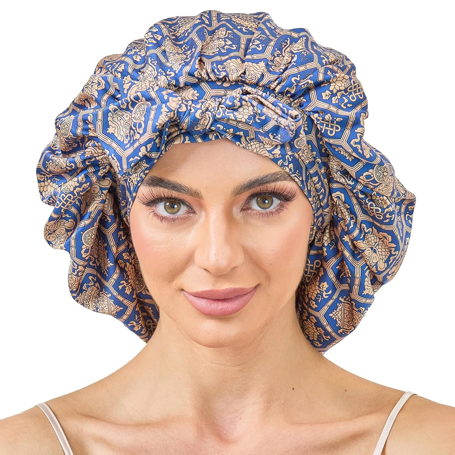 Silk Satin Bonnet for Sleeping Hair: Women Sleep Night Wrap Cap for Straight Wavy Curly Coily Kinky Natural Hair Head by Tie Band - Blue-Green & Gold Hexagon of Luck   Pink