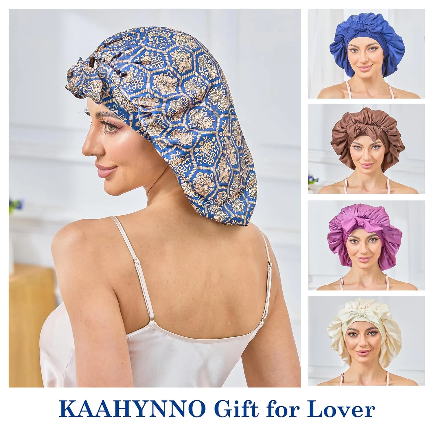 Silk Satin Bonnet for Sleeping Hair: Women Sleep Night Wrap Cap for Straight Wavy Curly Coily Kinky Natural Hair Head by Tie Band - Blue-Green & Gold Hexagon of Luck   Pink