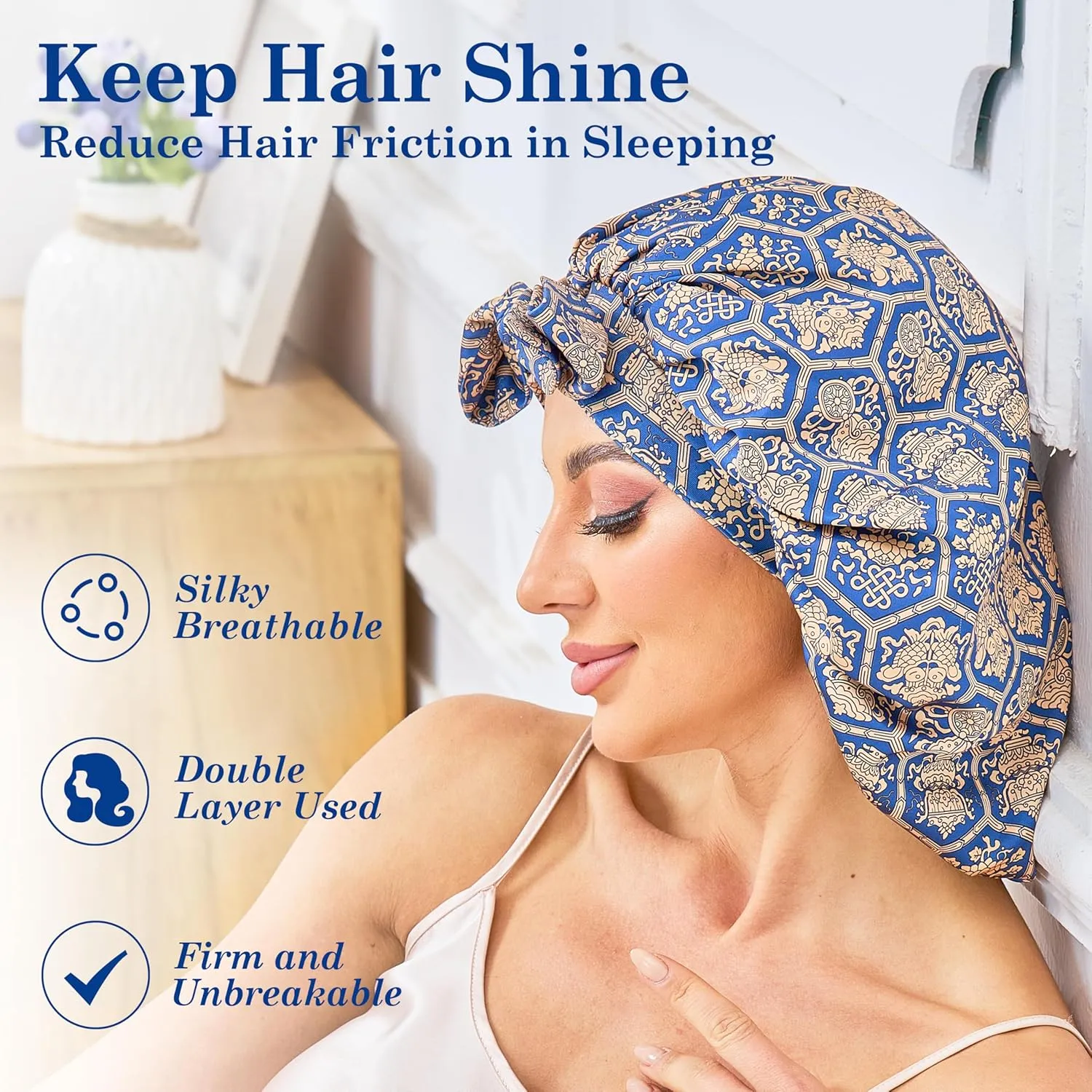 Silk Satin Bonnet for Sleeping Hair: Women Sleep Night Wrap Cap for Straight Wavy Curly Coily Kinky Natural Hair Head by Tie Band - Blue-Green & Gold Hexagon of Luck   Pink