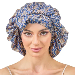 Silk Satin Bonnet for Sleeping Hair: Women Sleep Night Wrap Cap for Straight Wavy Curly Coily Kinky Natural Hair Head by Tie Band - Blue-Green & Gold Hexagon of Luck   Pink