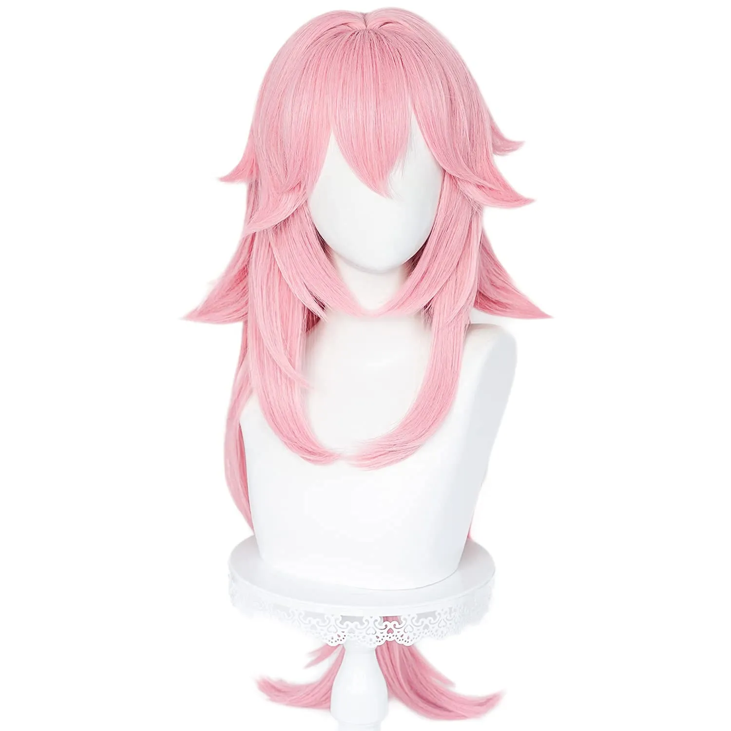 SL Pink Wig for Guuji Yae Miko Cosplay Hair with Ponytail Bangs Long Curly Fluffy Wig for Halloween Party   Cap