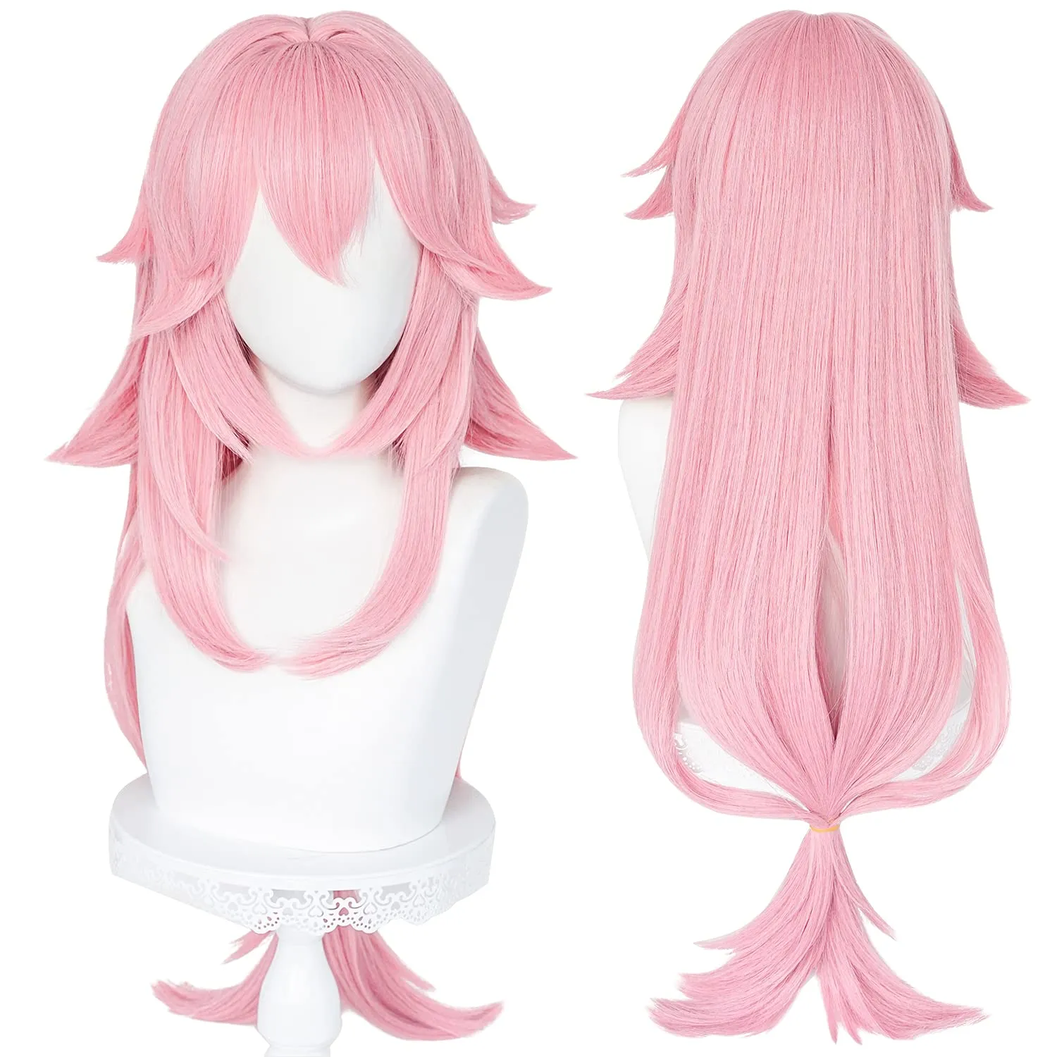 SL Pink Wig for Guuji Yae Miko Cosplay Hair with Ponytail Bangs Long Curly Fluffy Wig for Halloween Party   Cap