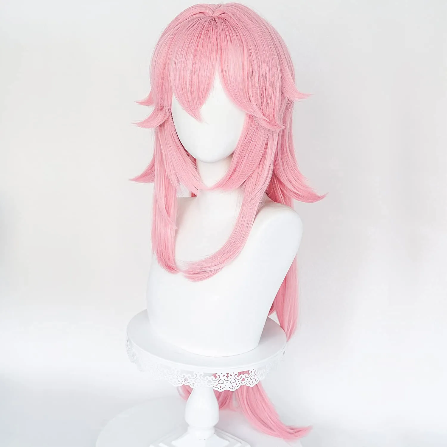 SL Pink Wig for Guuji Yae Miko Cosplay Hair with Ponytail Bangs Long Curly Fluffy Wig for Halloween Party   Cap