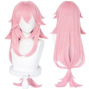 SL Pink Wig for Guuji Yae Miko Cosplay Hair with Ponytail Bangs Long Curly Fluffy Wig for Halloween Party   Cap
