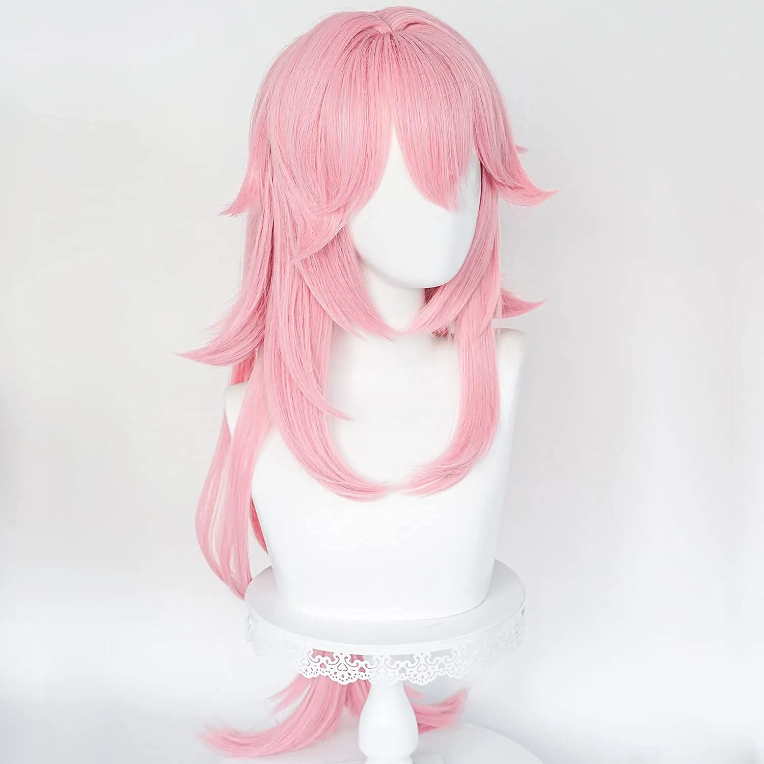 SL Pink Wig for Guuji Yae Miko Cosplay Hair with Ponytail Bangs Long Curly Fluffy Wig for Halloween Party   Cap