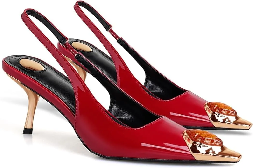 Slingback Kitten Heels Pointed Closed Toe Pumps for Women, Gems Embellished Stiletto Heeled Sandals Party Wedding
