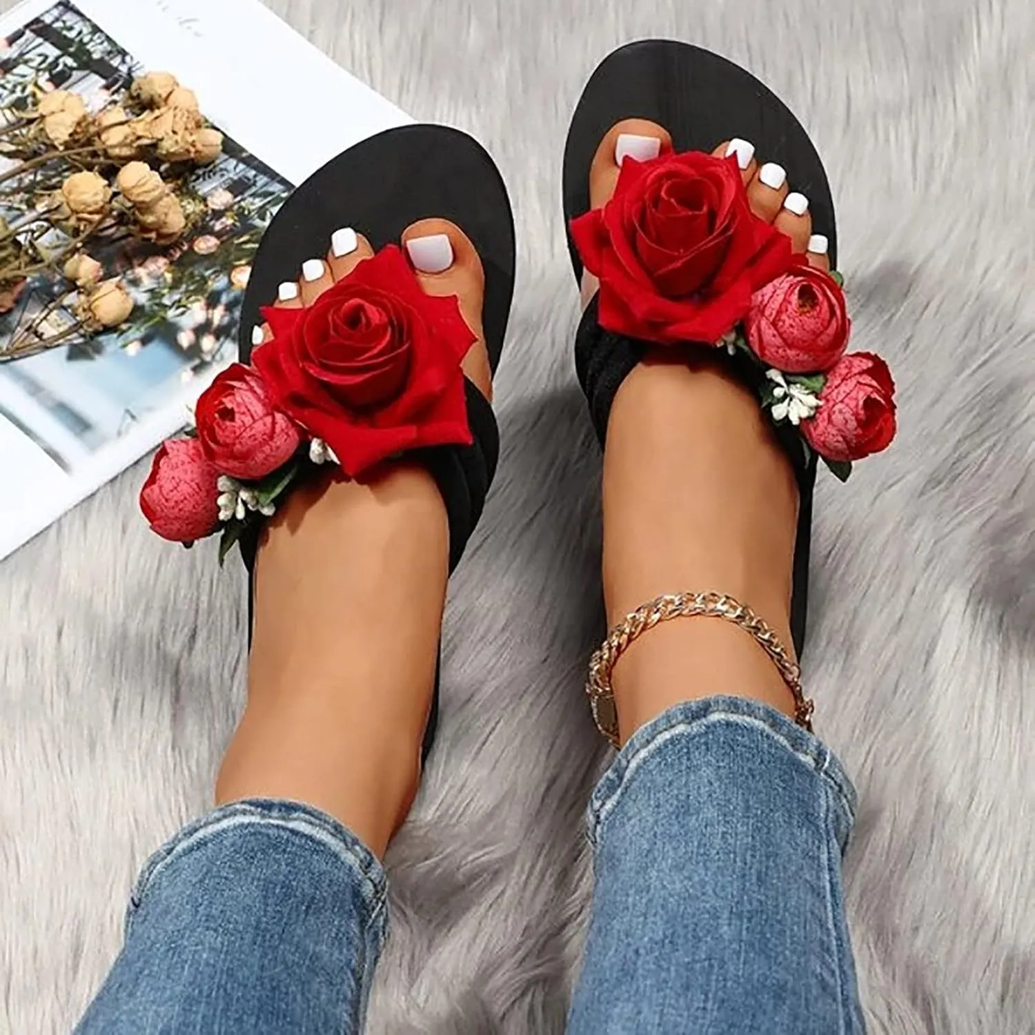 Slippers for Women Elegant Rhinestone Bow Sandals Summer Beach Sandals Open Toe Slip on Outdoor Slippers