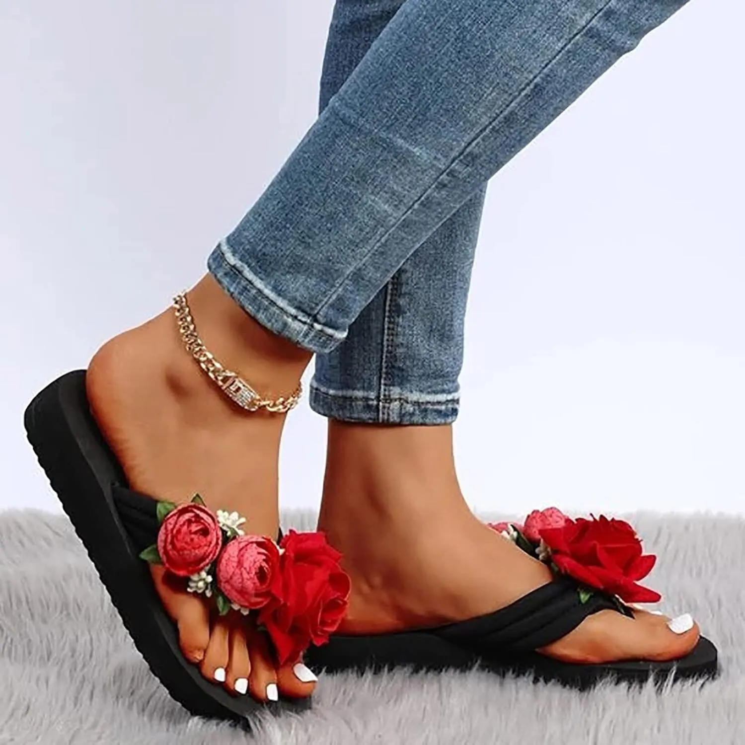 Slippers for Women Elegant Rhinestone Bow Sandals Summer Beach Sandals Open Toe Slip on Outdoor Slippers