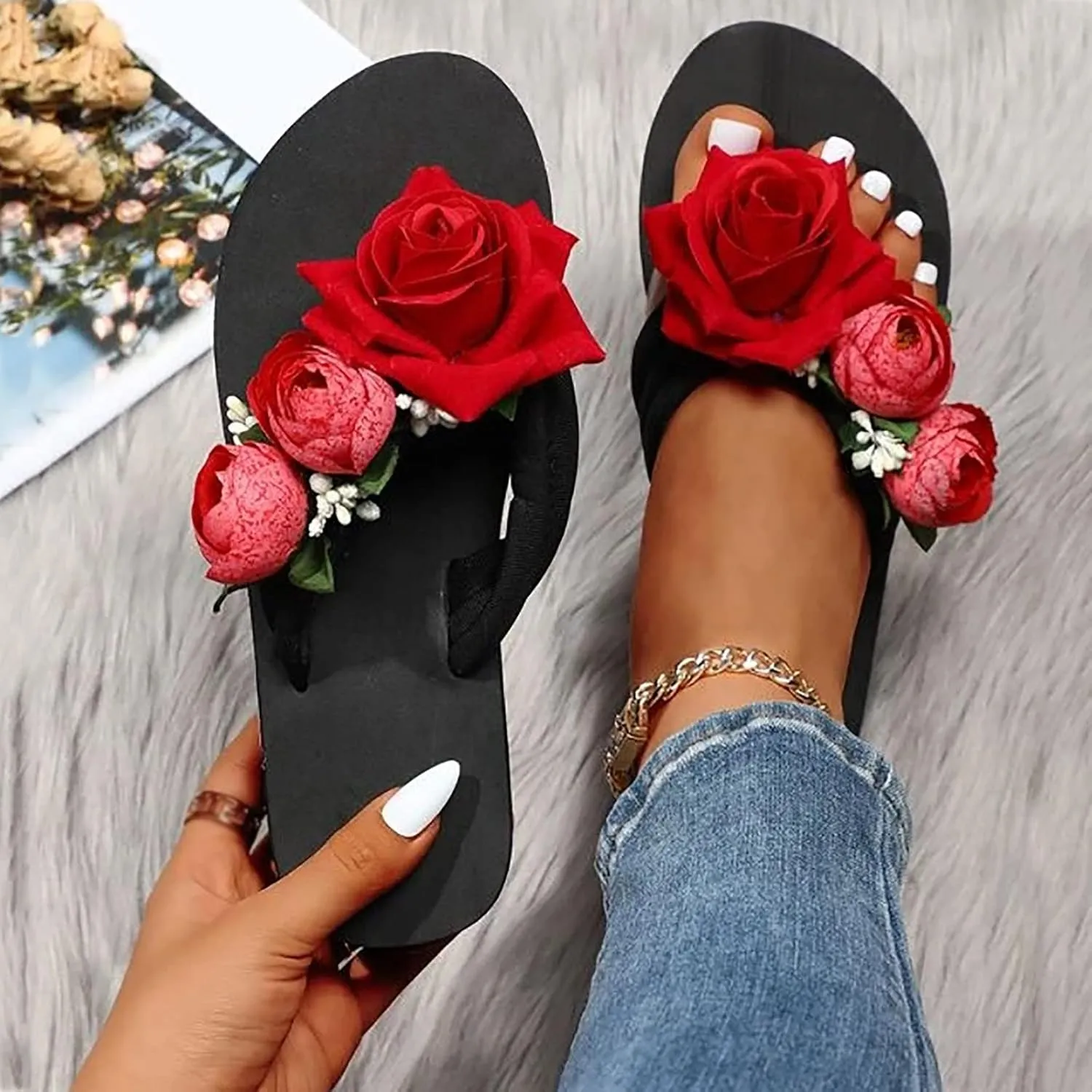 Slippers for Women Elegant Rhinestone Bow Sandals Summer Beach Sandals Open Toe Slip on Outdoor Slippers