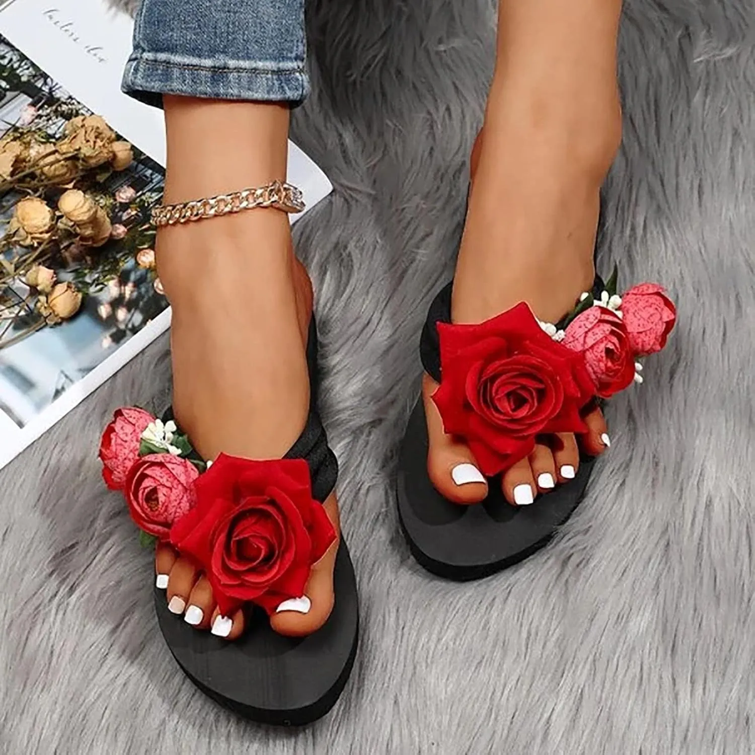Slippers for Women Elegant Rhinestone Bow Sandals Summer Beach Sandals Open Toe Slip on Outdoor Slippers