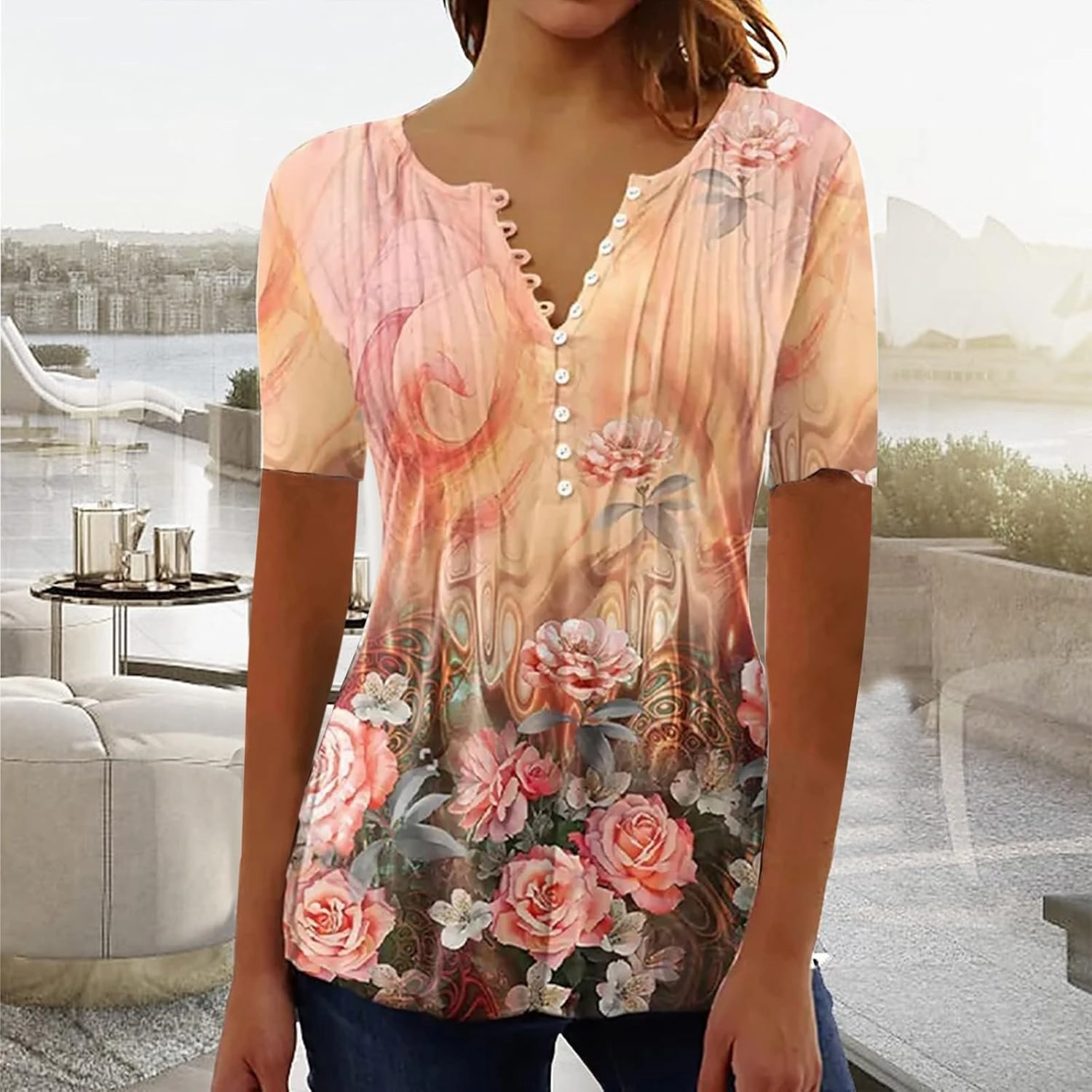 SMIDOW Plus Size Tunic Tops for Women Trendy 2024 Boho Floral Shirts Short Sleeve Notch v Neck t-Shirt Graphic Tees Blouse