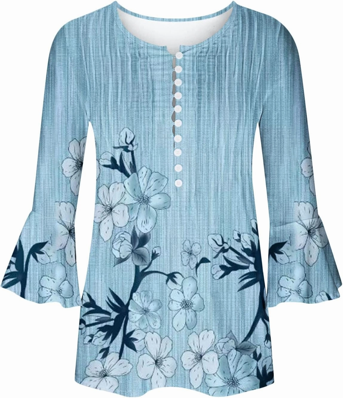 SMIDOW Tunic Tops for Women Loose Fit Spring Henley v Neck Shirt 3/4 Bell Sleeve Bohemian Floral Print t-Shirt Blouse Trendy
