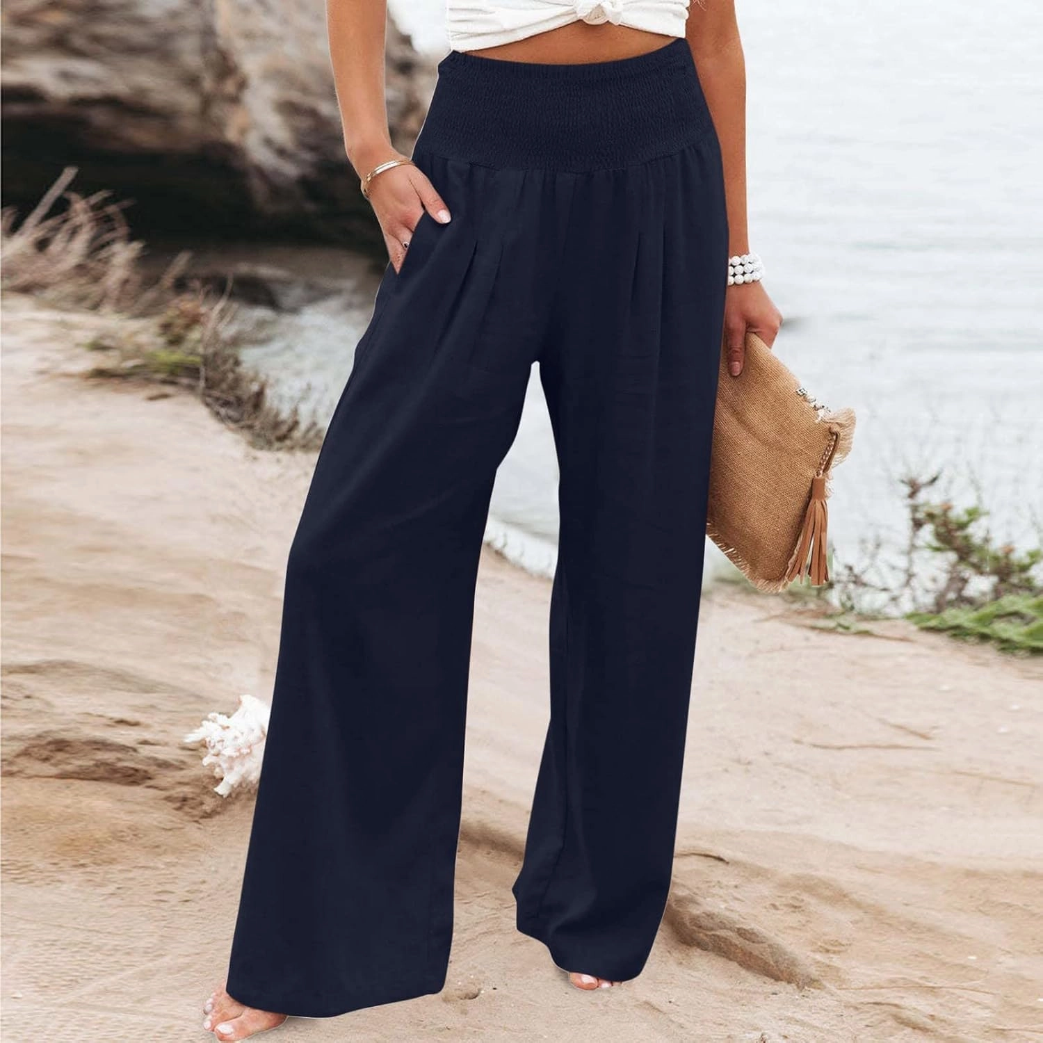 SMIDOW Women's Wide Leg Pants Elastic High Waisted Cotton Linen Long Lounge Pants Business Casual Work Trousers