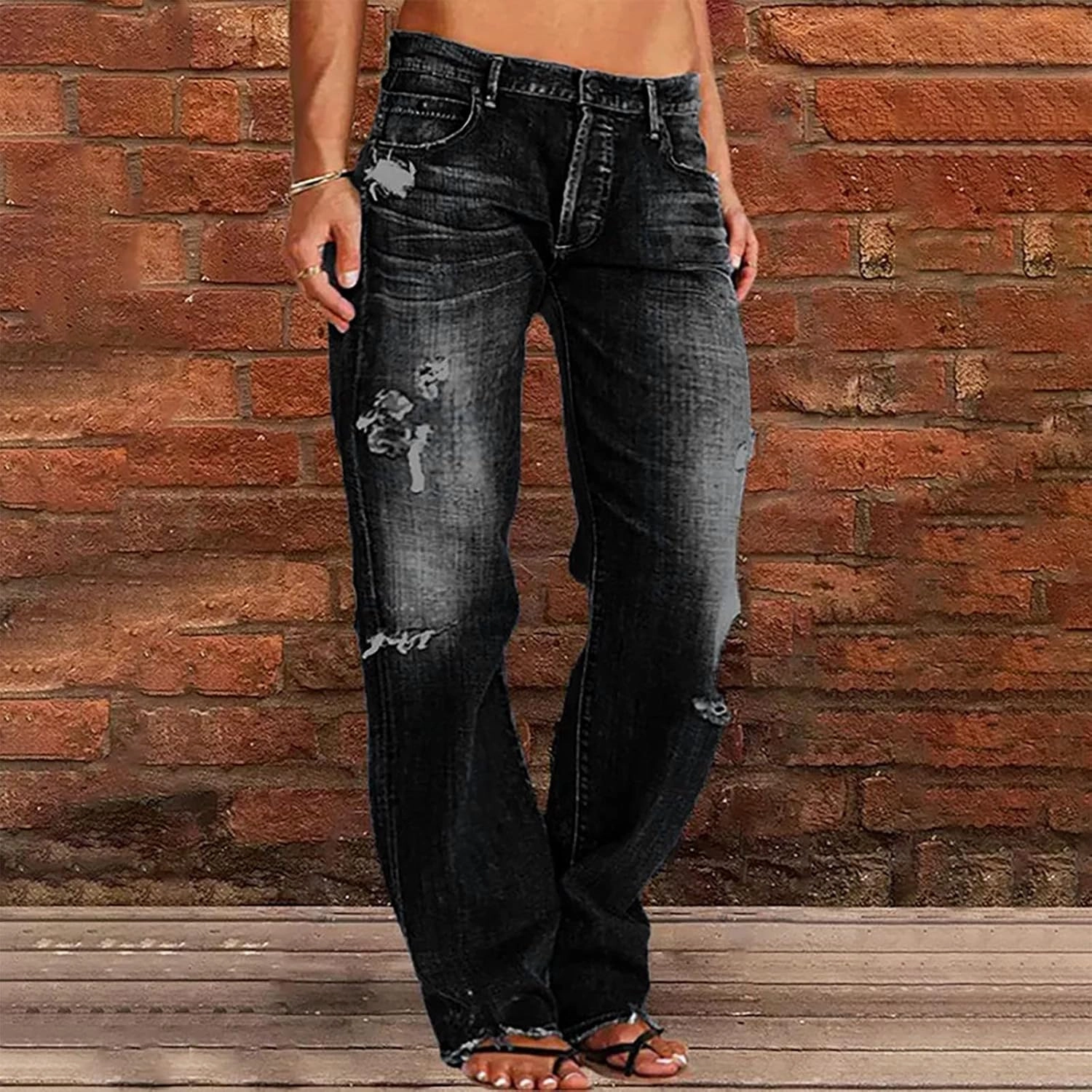 SMIDOW Women Stacked Pants Ripped Jeans Boyfriend Distressed Baggy Cargo Straight Leg Pants