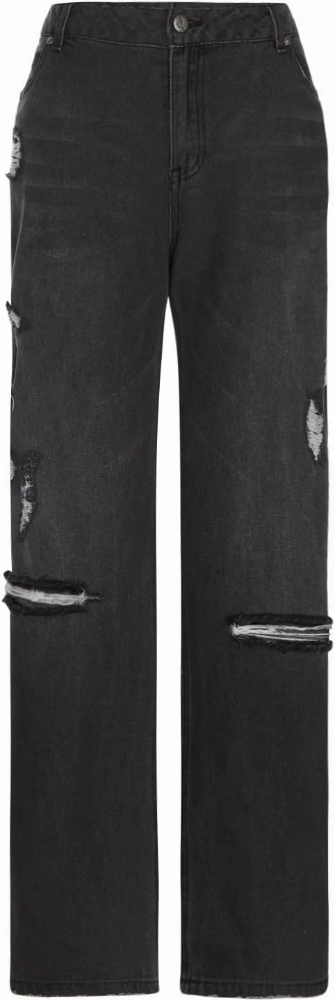 SMIDOW Women Stacked Pants Ripped Jeans Boyfriend Distressed Baggy Cargo Straight Leg Pants