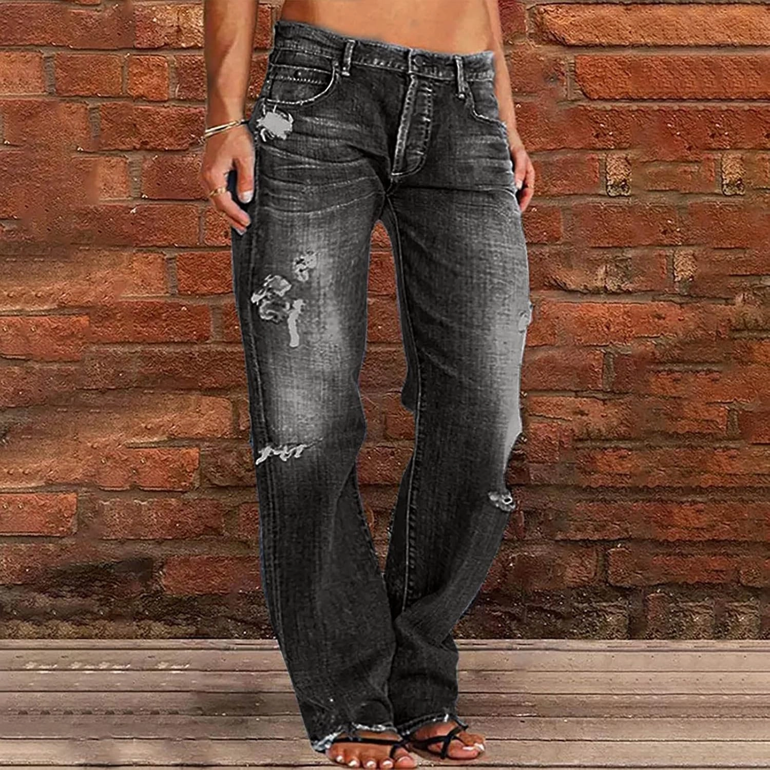 SMIDOW Women Stacked Pants Ripped Jeans Boyfriend Distressed Baggy Cargo Straight Leg Pants