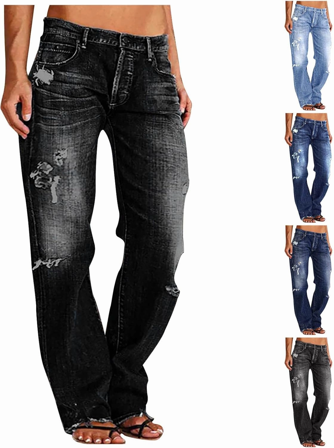 SMIDOW Women Stacked Pants Ripped Jeans Boyfriend Distressed Baggy Cargo Straight Leg Pants