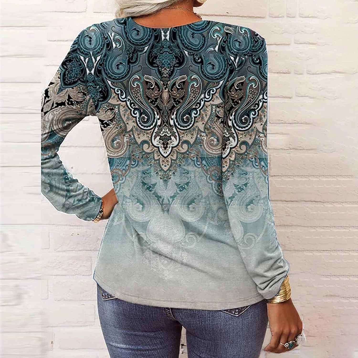 SMIDOW Womens Ethnic Style Long Sleeve Tops 2024 Trendy Spring Shirts v Neck Loose Comfy Pullover Tops Blouse Dressy Casual
