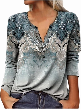 SMIDOW Womens Ethnic Style Long Sleeve Tops 2024 Trendy Spring Shirts v Neck Loose Comfy Pullover Tops Blouse Dressy Casual