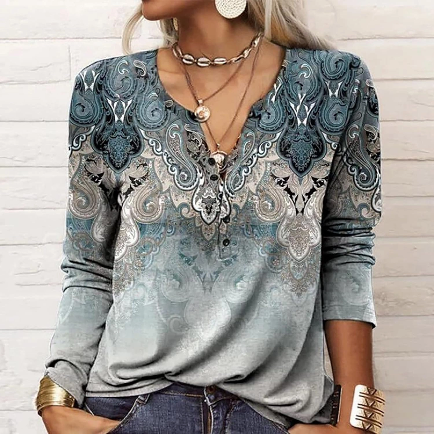 SMIDOW Womens Ethnic Style Long Sleeve Tops 2024 Trendy Spring Shirts v Neck Loose Comfy Pullover Tops Blouse Dressy Casual