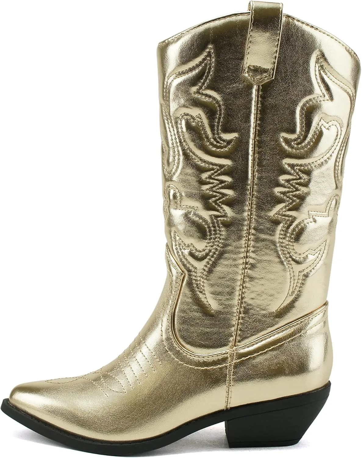 Soda Reno Women Western Cowboy Pointed Toe Knee High Pull On Tabs Boots (Gold Metallic Pu, US Footwear Size System, Adult, Women, Numeric, Medium, 7.5)