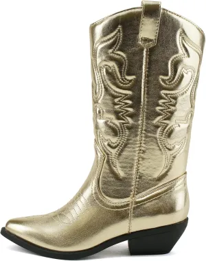 Soda Reno Women Western Cowboy Pointed Toe Knee High Pull On Tabs Boots (Gold Metallic Pu, US Footwear Size System, Adult, Women, Numeric, Medium, 7.5)
