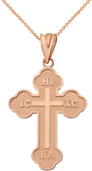 Solid 14k Rose Gold IC XC NIKA Cross Eastern Christian Pendant Necklace (Small)