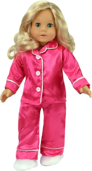 Sophia's 3 Piece Classic Satin Pajamas with Piping and Buttons Includes Shirt, Pants, and White Faux Fur Slippers for 18 Inch Dolls, Hot Pink