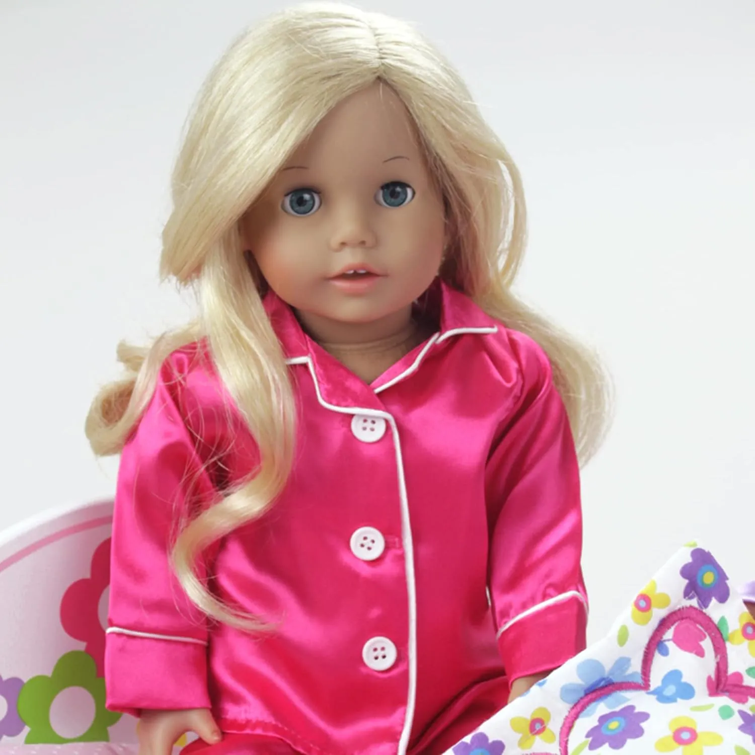 Sophia's 3 Piece Classic Satin Pajamas with Piping and Buttons Includes Shirt, Pants, and White Faux Fur Slippers for 18 Inch Dolls, Hot Pink