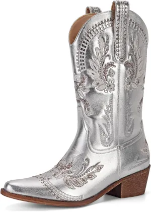 STALOV Women's Western Cowgirl Boots, Embroidered, Silver, Ankle-High, Pointed Toe, Pull-On, Block Heel, Casual, Spring, Fall, Cowboy, Horse Riding