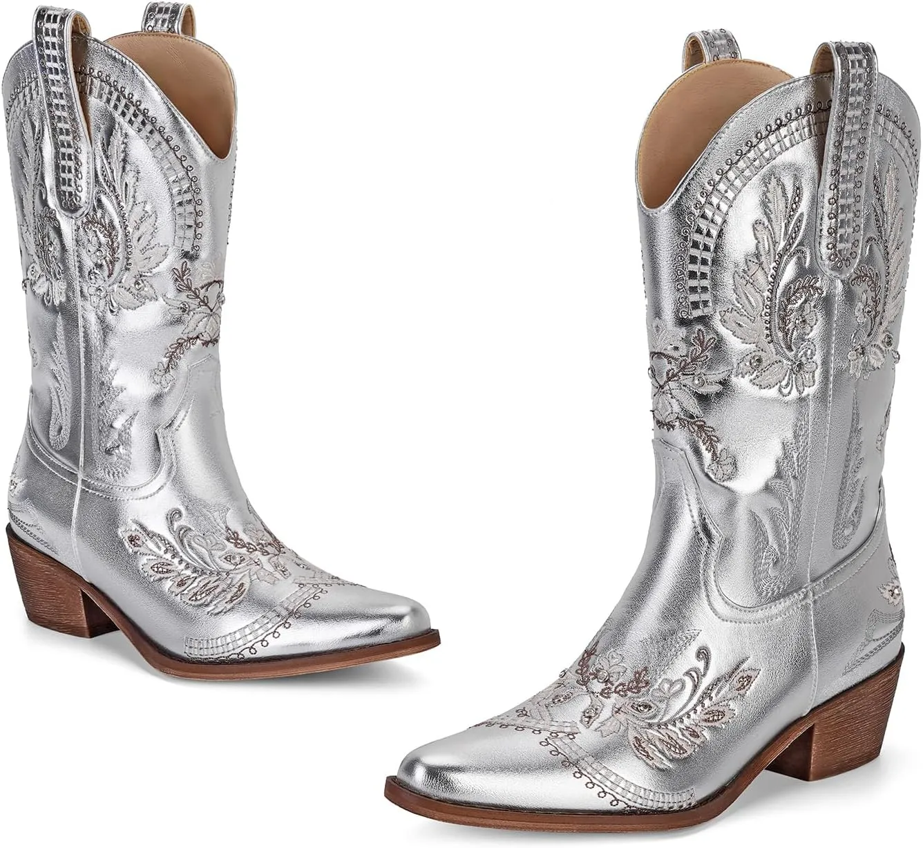 STALOV Women's Western Cowgirl Boots, Embroidered, Silver, Ankle-High, Pointed Toe, Pull-On, Block Heel, Casual, Spring, Fall, Cowboy, Horse Riding