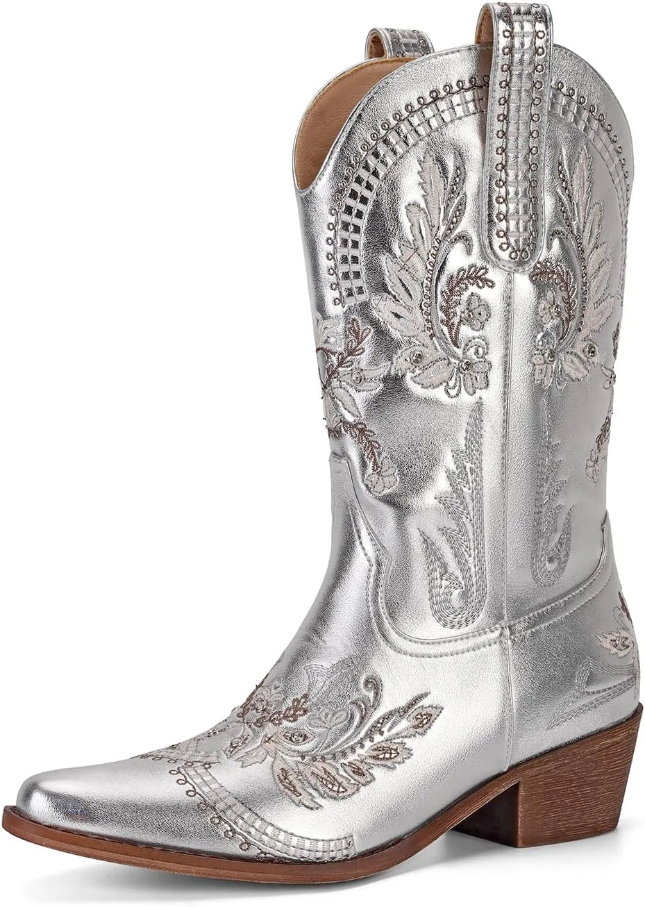 STALOV Women's Western Cowgirl Boots, Embroidered, Silver, Ankle-High, Pointed Toe, Pull-On, Block Heel, Casual, Spring, Fall, Cowboy, Horse Riding