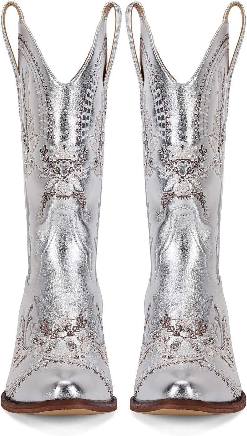 STALOV Women's Western Cowgirl Boots, Embroidered, Silver, Ankle-High, Pointed Toe, Pull-On, Block Heel, Casual, Spring, Fall, Cowboy, Horse Riding