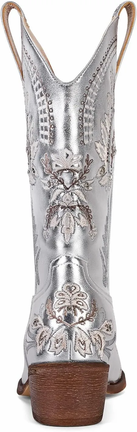 STALOV Women's Western Cowgirl Boots, Embroidered, Silver, Ankle-High, Pointed Toe, Pull-On, Block Heel, Casual, Spring, Fall, Cowboy, Horse Riding