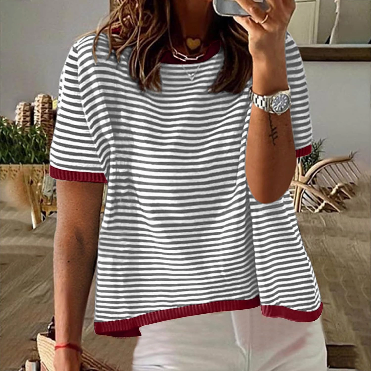 Striped Tshirt Women Crew Neck Print Short Sleeve Womens Summer Tops Color Block Knitted Trendy Pullover Blouses