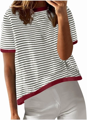 Striped Tshirt Women Crew Neck Print Short Sleeve Womens Summer Tops Color Block Knitted Trendy Pullover Blouses