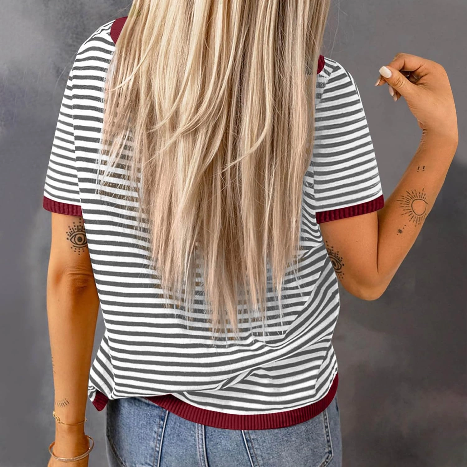 Striped Tshirt Women Crew Neck Print Short Sleeve Womens Summer Tops Color Block Knitted Trendy Pullover Blouses